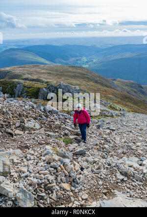Une femme des mains pour le sommet du Cadair Idris dans le parc national de Snowdonia, Pays de Galles, Royaume-Uni Banque D'Images
