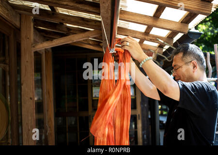 L'homme japonais d'une usine de textile atelier de teinture, de raccrocher teints fraîchement tissu orange vif. Banque D'Images