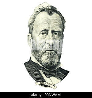 Portrait d'homme d'État américain, inventeur, diplomate et Ulysses S. Grant comme il a l'air sur cinquante dollars avers. Photo à un angle de 15 degrés. Banque D'Images