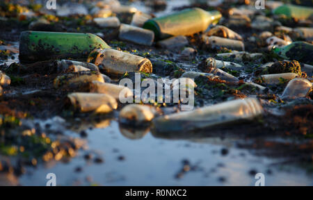 Bouteilles en verre et des morceaux de verre cassé sur la plage de Dead Horse Bay - une ancienne décharge située sur l'extrémité du sud-est de Brooklyn. Banque D'Images