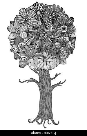 Arbre avec feuilles et fleurs. Vecteur. La page de coloriage pour adultes. Faites à la main. Concept de la Bohême pour invitation de mariage, carte, billet, marque, logo, Illustration de Vecteur