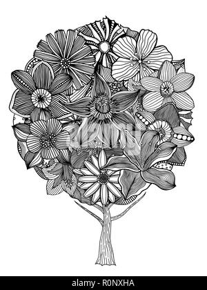 Arbre avec feuilles et fleurs. Vecteur. La page de coloriage pour adultes. Faites à la main. Concept de la Bohême pour invitation de mariage, carte, billet, marque, logo, Illustration de Vecteur