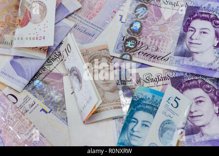 Anglais britannique sterling, monnaie, billets, cinq dix et vingt livres de notes, Royaume-Uni Banque D'Images