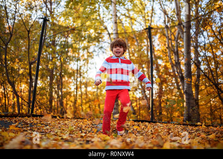 Garçon debout sur un trampoline recouvert de feuilles d'automne, United States Banque D'Images