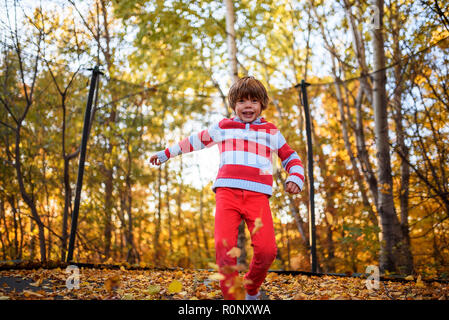 Garçon debout sur un trampoline recouvert de feuilles d'automne, United States Banque D'Images