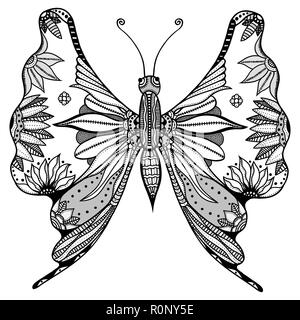 Zentangle papillon stylisé. Noir blanc hand drawn doodle animal. Illustration vecteur à motifs ethniques. Africaine, Indienne, totem design tribal. Croquis Illustration de Vecteur