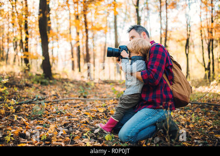 Un père et un petit garçon dans une forêt d'automne, prendre des photos avec un appareil photo. Banque D'Images