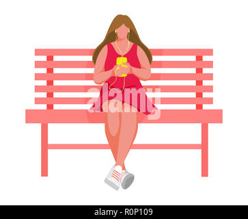 Fille assise sur le banc. Femme à l'écoute de la musique. Illustration Banque D'Images