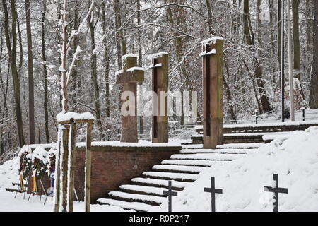 Vue vers la croix de pierre de sable de sacrifice dans la forêt d'un cimetière allemand seconde guerre mondiale au cimetière militaire Reimsbach an der Saar. Banque D'Images