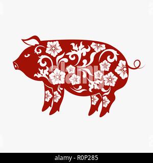 Signe du Zodiaque chinois de l'année Cochon,coupe papier rouge,cochon heureux nouvel an chinois 2019 année du cochon Illustration de Vecteur