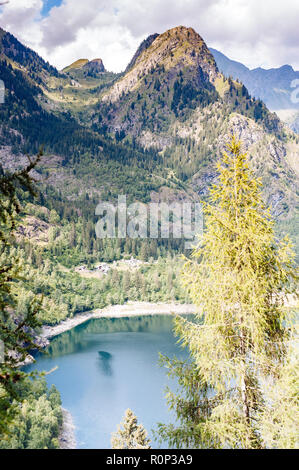 Lac alpin dans les montagnes dans les bois vu de dessus, Valle Antrona Piémont, Italie Banque D'Images