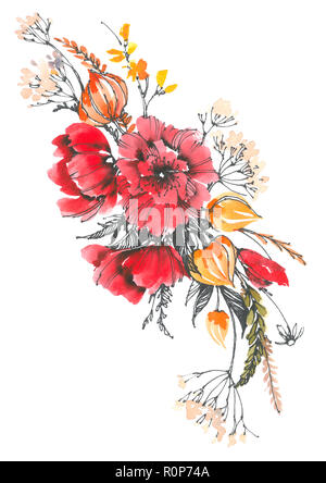 Bouquet décoratif de coquelicots. Prairie avec bouquet de fleurs rouge et orange. Fond d'aquarelle. Banque D'Images