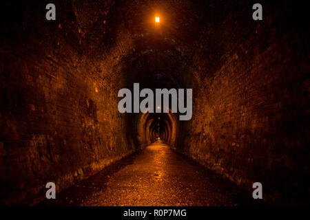 1,6 km Old Railway Tunnel à Coromandel, Tunnel Karangahake à pied, Nouvelle-Zélande Banque D'Images