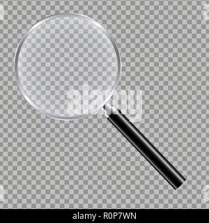 Illustration réaliste d'une loupe en verre avec un manche noir et un bord métallique avec des réflexions - vecteur isolé sur un fond transparent Illustration de Vecteur