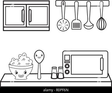 Cuisine et nourriture kawaii dessins animés en noir et blanc Illustration de Vecteur