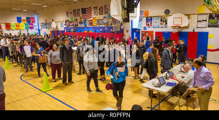 Arlington, Virginia, USA. 6 novembre, 2018. Dans la longue file d'électeurs lors du vote à mi-parcours, à l'école touche. Rob Crandall/Alamy Live News Banque D'Images
