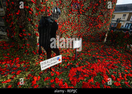 Sudbury, Suffolk, UK, 6e Novemebr 2018 le filet de coquelicots en tricot qui couvrent l'église St Pierre à Sudbury, Suffolk, qui ont à mailles. Un total de plus de 17 000 coquelicots ont été cousues à un filet de 90 pieds. Le filet a été placé sur le churhc tower et cascade vers le bas dans les jardins ci-dessous à l'occasion du 100e anniversaire de la fin de la Première Guerre mondiale. Photo : Mark Bullimore Photography/Alamy Live News Banque D'Images