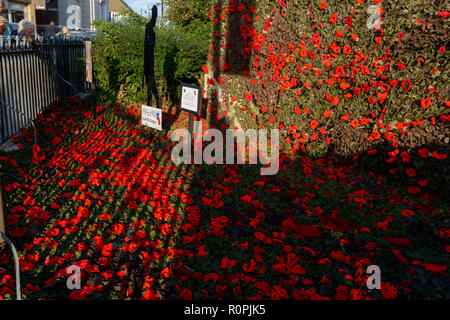 Sudbury, Suffolk, UK, 6e Novemebr 2018 le filet de coquelicots en tricot qui couvrent l'église St Pierre à Sudbury, Suffolk, qui ont à mailles. Un total de plus de 17 000 coquelicots ont été cousues à un filet de 90 pieds. Le filet a été placé sur le churhc tower et cascade vers le bas dans les jardins ci-dessous à l'occasion du 100e anniversaire de la fin de la Première Guerre mondiale. Photo : Mark Bullimore Photography/Alamy Live News Banque D'Images