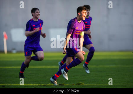 Belgrade, Serbie. 6 novembre, 2018. L'UEFA 2018 de football Ligue de jeunesse de l'étoile rouge de Belgrade v Liverpool, FK Cukaricki Belgrade, du stade. Adam Lewis de Liverpool fête marquant son crédit Objectif : Nikola Krstic/Alamy Live News Banque D'Images