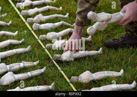 Queen Elizabeth Olympic Park, Londres, UK. 7 novembre 2018. Les haubans de la Somme WW1 installation, 72 396 Les chiffres sont établis par des bénévoles et les membres de la 1 Royal Anglian Regiment au Queen Elizabeth Olympic Park. Crédit : Matthieu Chattle/Alamy Live News Banque D'Images