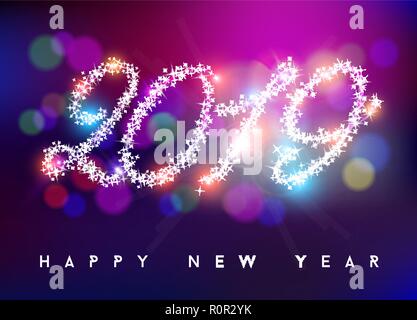 Bonne année style bokeh background design carte de vœux. 2019 forme faite avec sparkle stars et colorée se brouille. Vecteur EPS10. Illustration de Vecteur