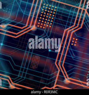 Un résumé contexte technologique composé d'une multitude de lignes directrices et de points lumineux formant une sorte de carte mère physique. Orange et b Banque D'Images