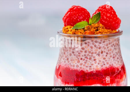 Libre coup de pot en verre rempli de confiture de framboises sucré et chia pudding et garnie de granola et les baies fraîches Banque D'Images