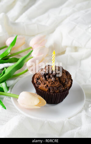 Anniversaire capkakes ou muffins au chocolat et des tulipes sur un plateau en bois au lit. Arrière-plan blanc. Un aliment sucré. Ambiance de fête copie espace télévision lay Banque D'Images