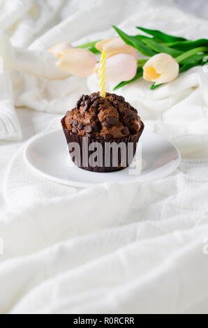 Anniversaire capkakes ou muffins au chocolat et des tulipes sur un plateau en bois au lit. Arrière-plan blanc. Un aliment sucré. Ambiance de fête copie espace télévision lay Banque D'Images