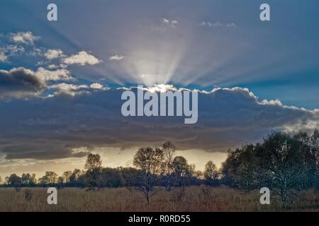 Le soleil qui rayonne à travers les nuages au-dessus d'un champ, Frise orientale, Basse-Saxe, Allemagne Banque D'Images
