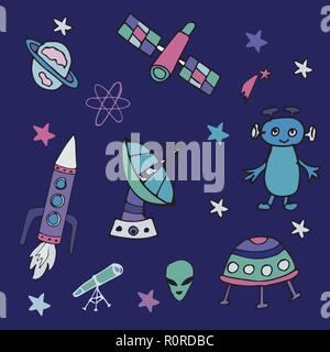 Colorful hand drawn ensemble d'objets spatiaux et de symboles dans doodle style. Cartoon vector. Illustration de Vecteur