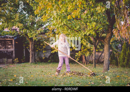 Ratisser les feuilles d'automne l'enfant tombé dans le jardin Banque D'Images