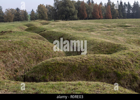 4 novembre 2018 : Beaumont-Hamel, Picardie, France. Les vestiges de tranchées de la bataille de la somme pendant la Première Guerre mondiale 1 à l'Newfoundl Beaumont-Hamel Banque D'Images