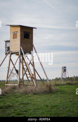La perche en bois sur un champ vert Banque D'Images
