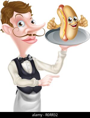 Cartoon Hotdog Waiter Butler Pointing Illustration de Vecteur