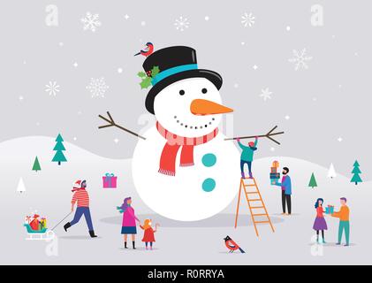 Joyeux Noël, l'arrière-plan, carte bannner avec bonhomme énorme et petites gens, jeunes, hommes et femmes, des familles s'amusant dans la neige, ski, snowboard, luge, patin à glace, concept vector illustration Illustration de Vecteur