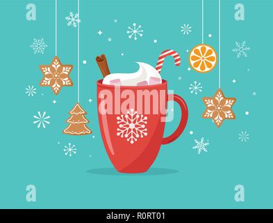 Noël, scène d'hiver avec une grande tasse de cacao et d'épices fait maison, vector concept illustration Illustration de Vecteur