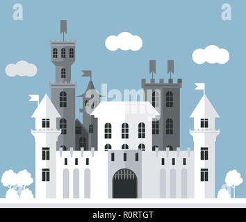 Château médiéval avec des tours, des bâtiments et des barrières. Dans l'art du papier style numérique. Vector illustration. Illustration de Vecteur