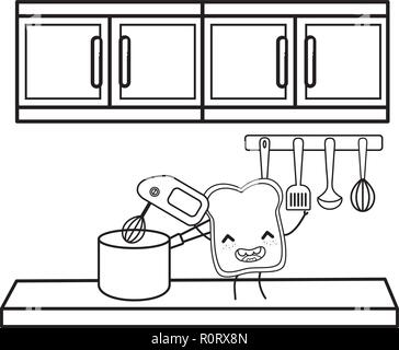 Cuisine et nourriture kawaii dessins animés en noir et blanc Illustration de Vecteur