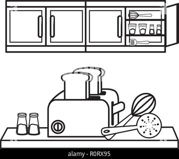 Ustensiles de cuisine cute cartoons en noir et blanc Illustration de Vecteur