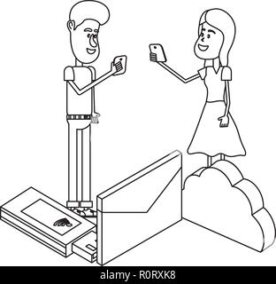 Couple et la technologie de l'électronique en noir et blanc isométrique Illustration de Vecteur