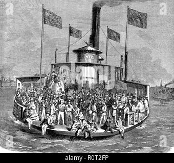 Estados Unidos. Nueva York. Transporte Marítimo de pasajeros en un barco de vapeurs. La gravure de 1866. Banque D'Images