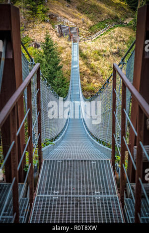 Pont suspendu métallique dans rabby vallée sur dolomites Banque D'Images