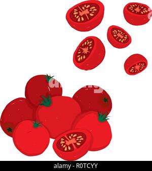 Vector set picturale de tomates cerise, de matières et de tranches. Modulable, modifiable illustration isolé sur un fond blanc. L'utiliser pour des recettes, restauran Illustration de Vecteur