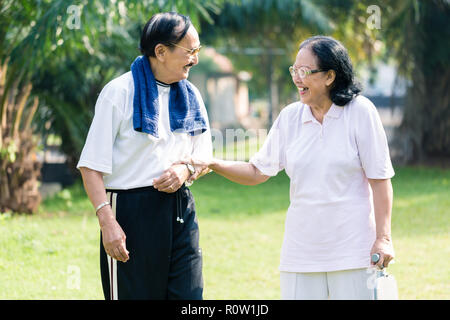 Smiling senior couple standing in the park Banque D'Images