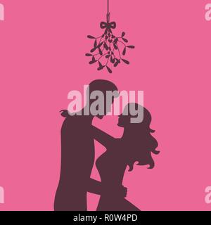 Silhouette de couple d'amoureux s'embrassent sous le gui. Vector illustration Illustration de Vecteur