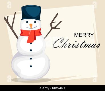 Joyeux Noël carte de souhaits avec bonhomme de neige, funny cartoon character. Utilisable pour carte de voeux, affiche, flyer. Vector illustration Illustration de Vecteur