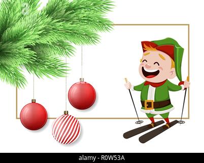 Joyeux Noël carte postale avec la direction générale des sapins, des décorations de Noël, des boules suspendues et Santa helper ski elf. Vector illustration. Illustration de Vecteur