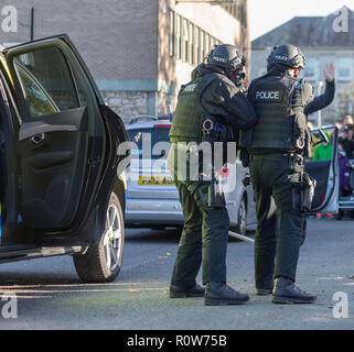 Les armes à feu des agents de police armés démontrant un arrêt du véhicule et l'arrestation d'un présumé criminel/terroriste armé lors d'une journée portes ouvertes de la police Banque D'Images