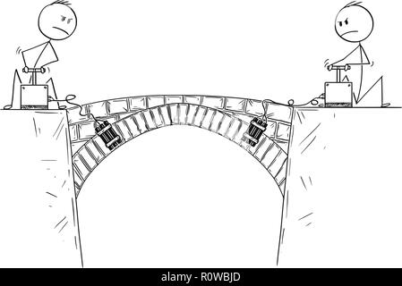 Caricature de deux hommes, personnalités politiques ou des hommes d'Affaires Prêts à détruire pont entre eux Illustration de Vecteur